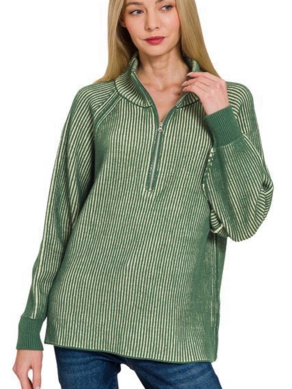 Zenana Outfitters Green Striped Quarter-Zip Sweater